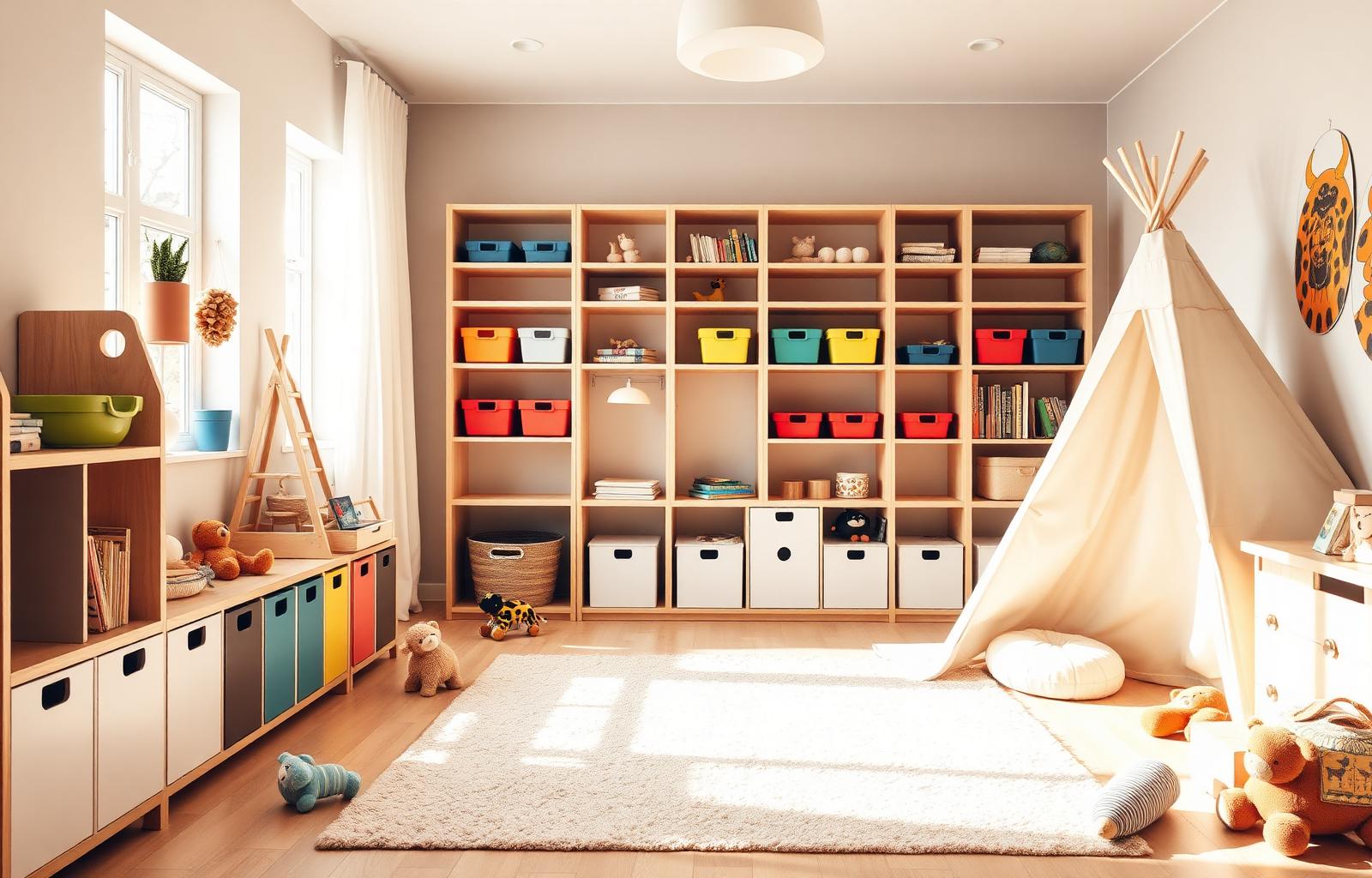 A bright, organized kids playroom with wooden shelves, colorful bins, books and a teepee